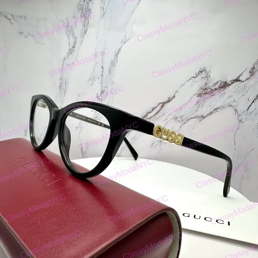 New GUCCI Eyeglasses Black 50mm Acetate Cat Eye Gold Cut Out Metal Logo Rx-able